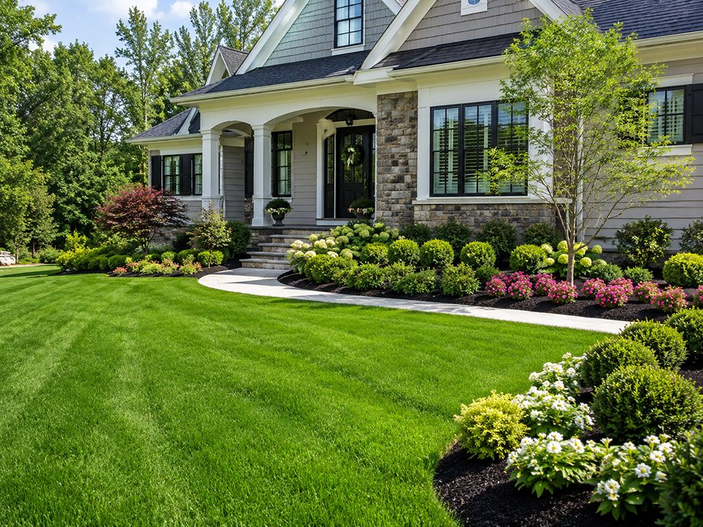 Striped front lawn and curved walkway leading to the porch, with rebuilt foundation beds